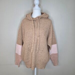 FRNCH PARIS Womens Cozy Knit Hoodie Sweater Camel Pink Color Block Size L